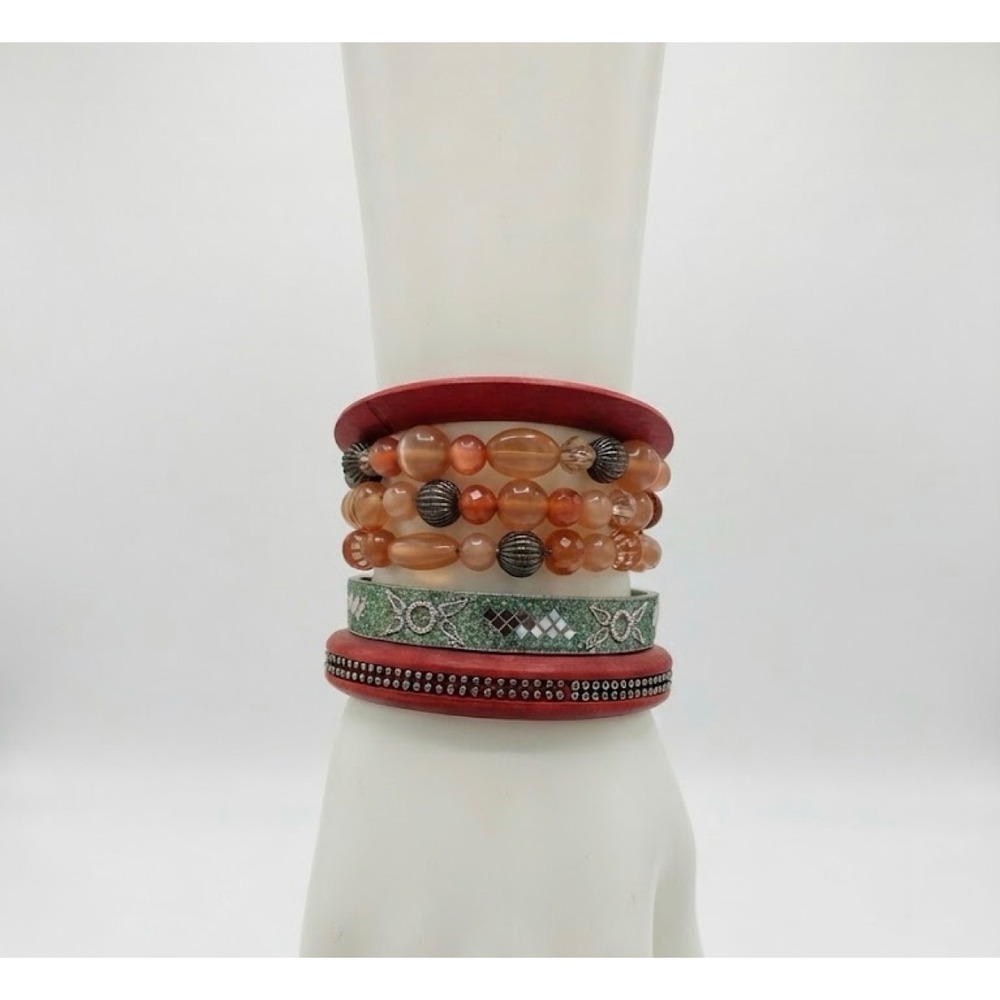 Boho Bracelet Stack 4pc Red Wood Bangles Green Mirror Inlay Bangle Peach Beaded